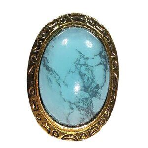 Vtg Adjustable Gold-Tone Oval Ring Faux Turquoise Stone Etched southwest
